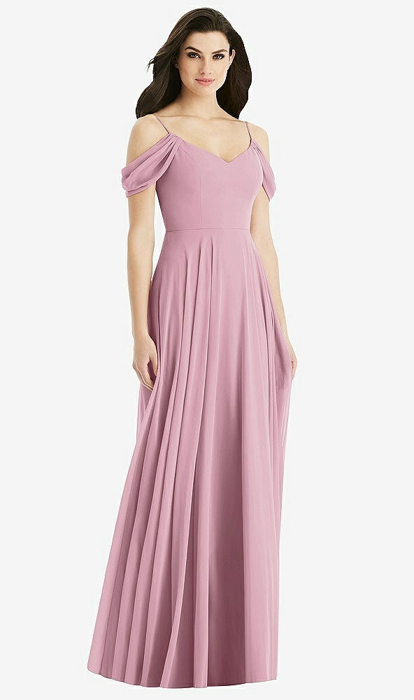 Back View - Dusty Pink Off-the-Shoulder Open Cowl-Back Maxi Dress