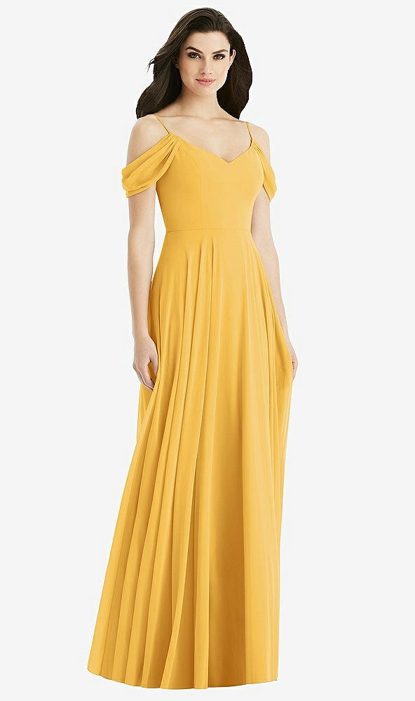 Back View - NYC Yellow Off-the-Shoulder Open Cowl-Back Maxi Dress