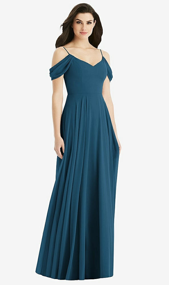 Back View - Atlantic Blue Off-the-Shoulder Open Cowl-Back Maxi Dress