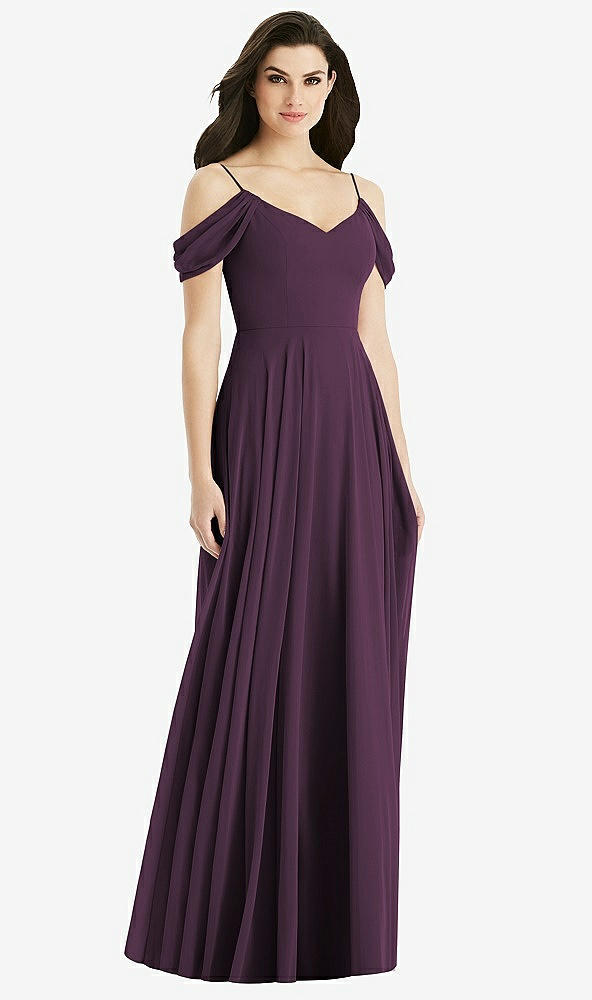 Back View - Aubergine Off-the-Shoulder Open Cowl-Back Maxi Dress