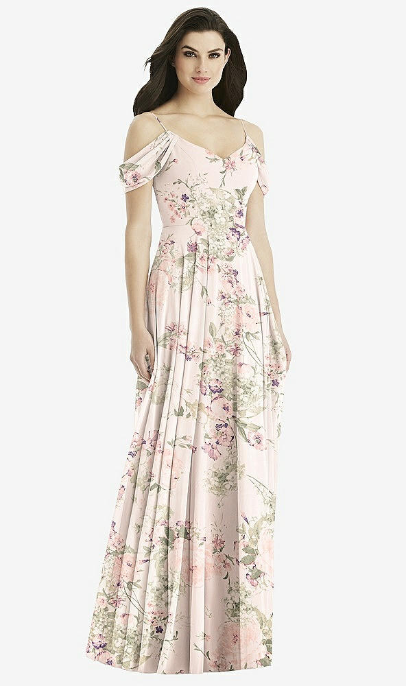 Back View - Blush Garden Off-the-Shoulder Open Cowl-Back Maxi Dress