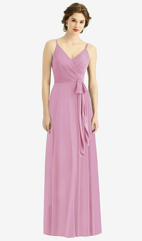 Front View - Powder Pink Draped Wrap Chiffon Maxi Dress with Sash