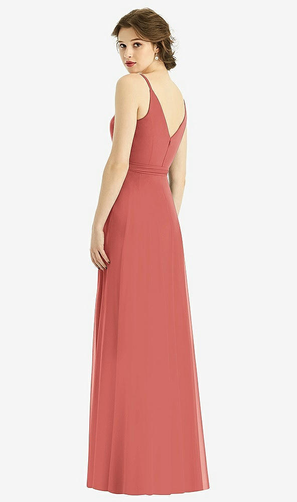 Back View - Coral Pink Draped Wrap Chiffon Maxi Dress with Sash