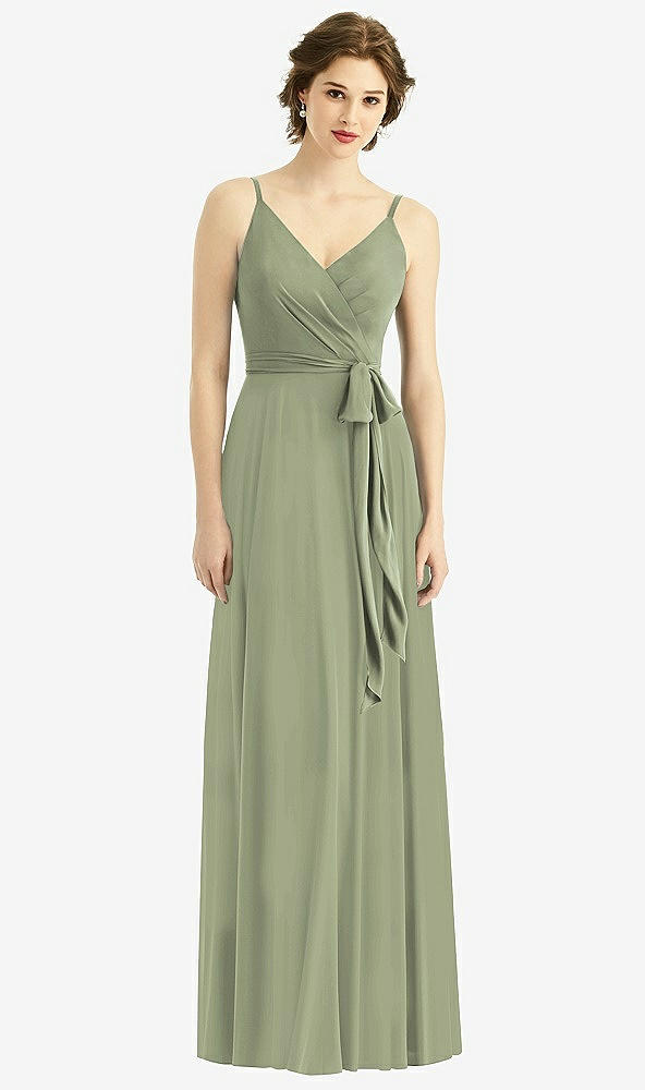 Front View - Sage Draped Wrap Chiffon Maxi Dress with Sash