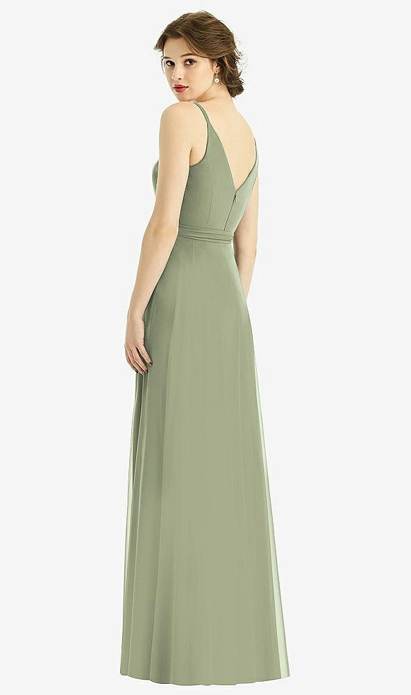 Back View - Sage Draped Wrap Chiffon Maxi Dress with Sash