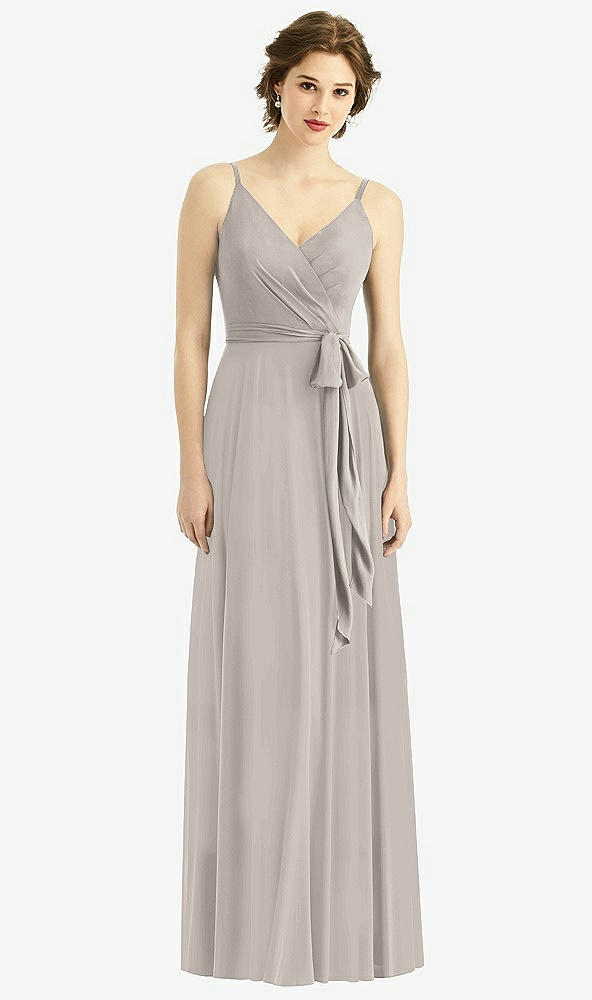 Front View - Taupe Draped Wrap Chiffon Maxi Dress with Sash