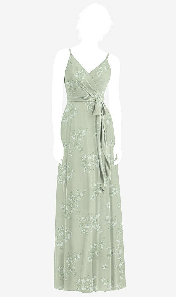 Front View - Vintage Primrose Sage Draped Wrap Chiffon Maxi Dress with Sash