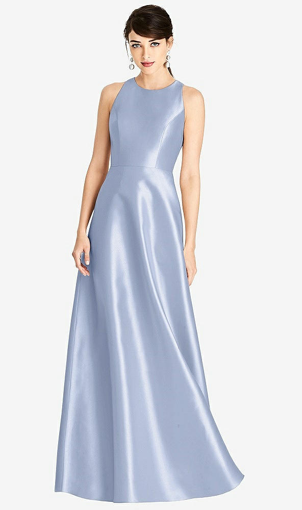 Front View - Sky Blue Sleeveless Open-Back Satin A-Line Dress