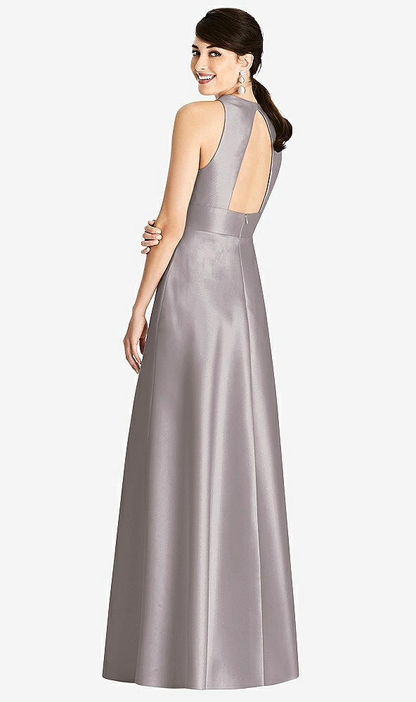 Back View - Cashmere Gray Sleeveless Open-Back Pleated Skirt Dress with Pockets