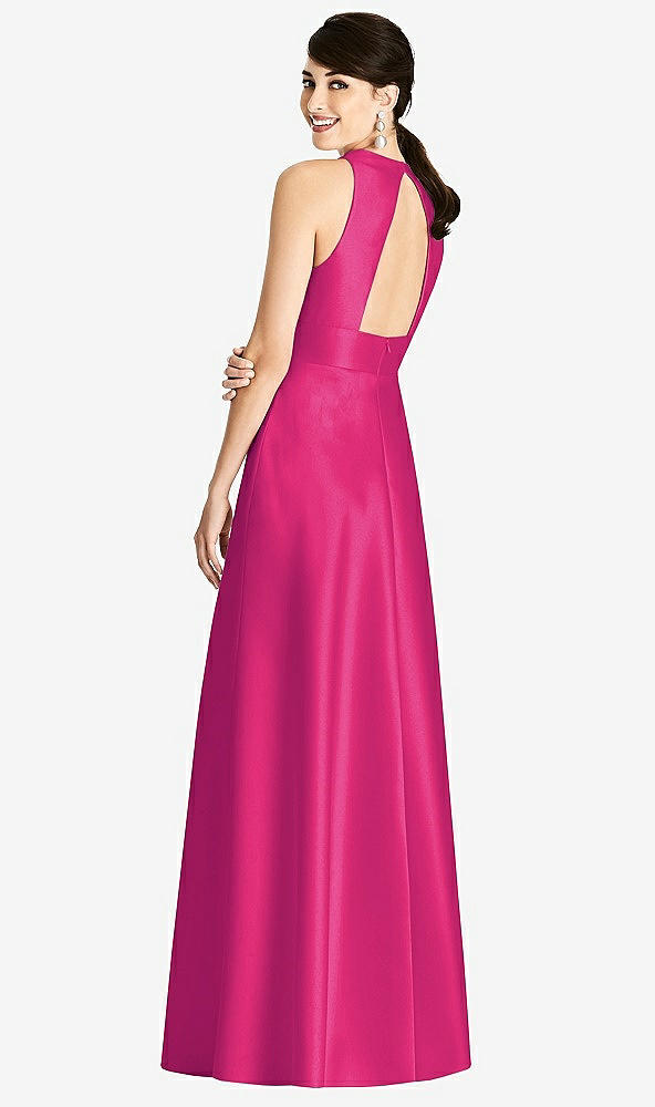 Back View - Think Pink Sleeveless Open-Back Pleated Skirt Dress with Pockets