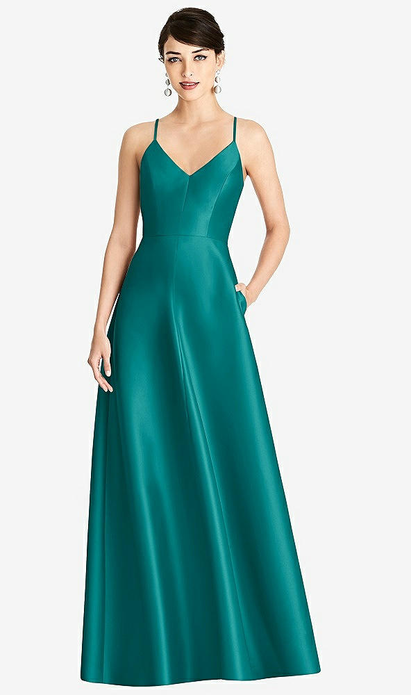 Front View - Jade V-Neck Full Skirt Satin Maxi Dress