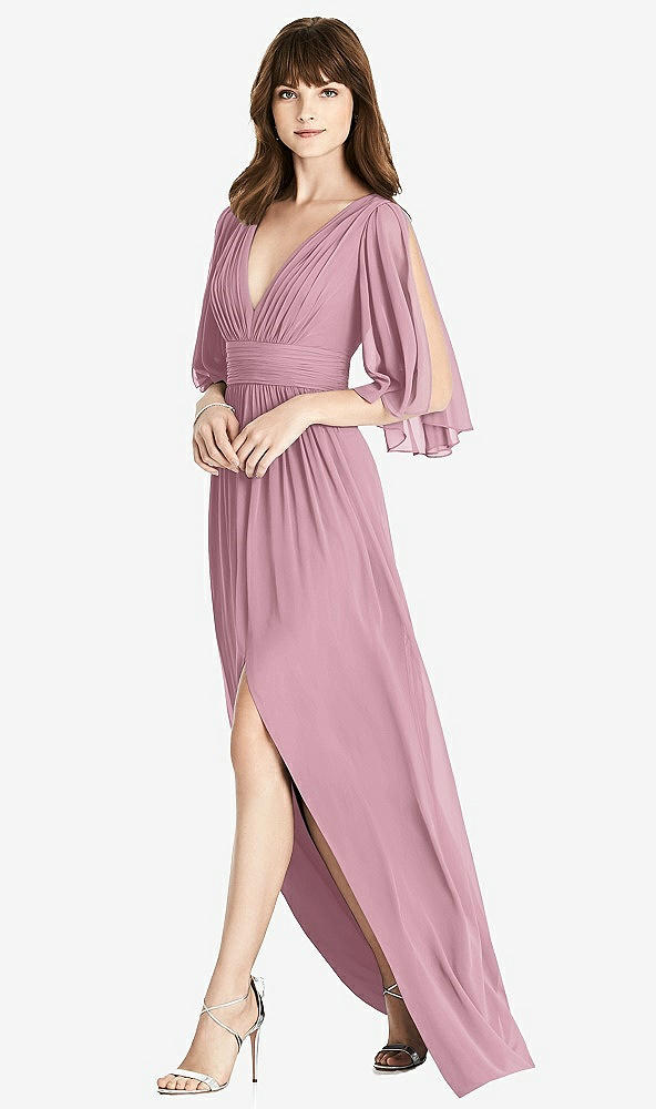 Front View - Dusty Pink Split Sleeve Backless Chiffon Maxi Dress