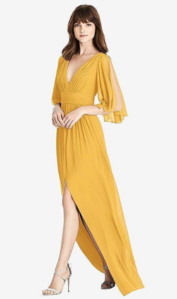 Front View - NYC Yellow Split Sleeve Backless Chiffon Maxi Dress