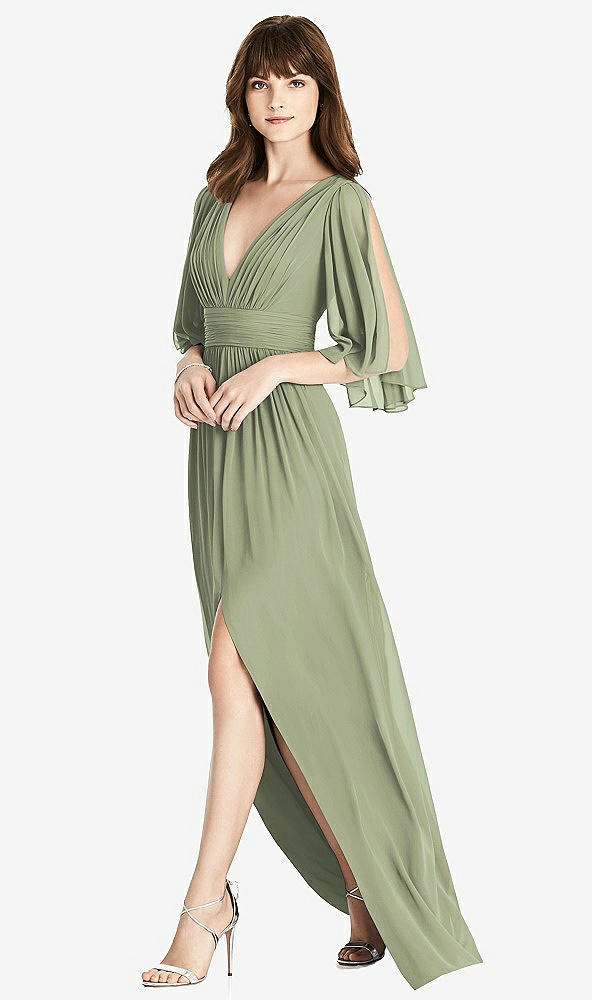 Front View - Sage Split Sleeve Backless Chiffon Maxi Dress