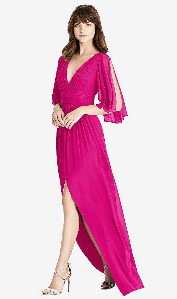 Front View - Think Pink Split Sleeve Backless Chiffon Maxi Dress