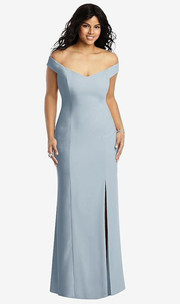 Front View - Mist Off-the-Shoulder Criss Cross Back Trumpet Gown