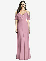 Front View Thumbnail - Dusty Pink Ruffled Cold-Shoulder Chiffon Maxi Dress