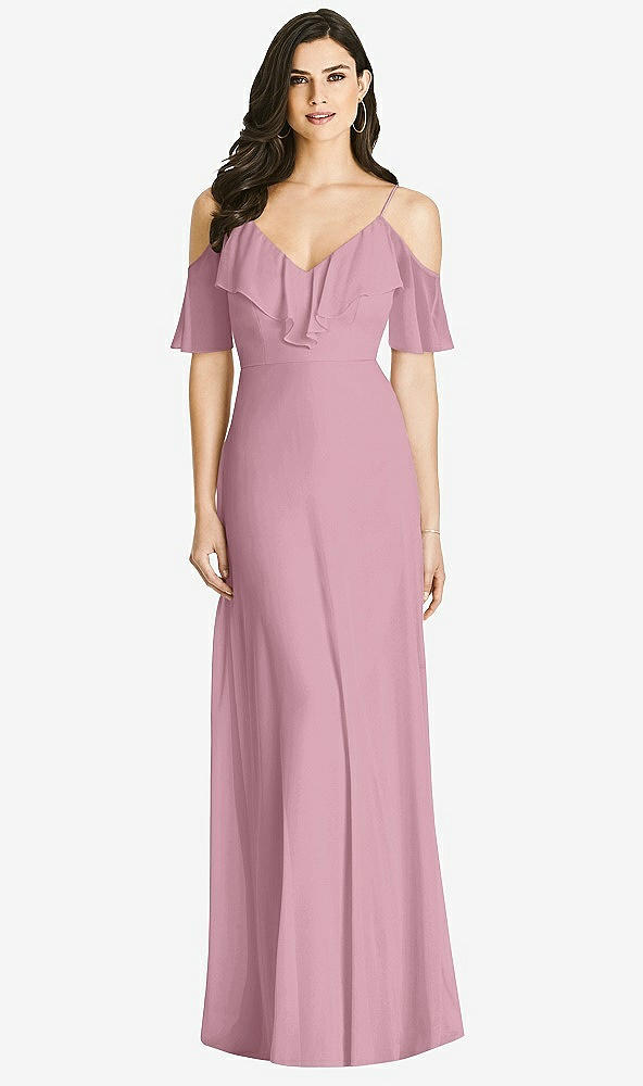 Front View - Dusty Pink Ruffled Cold-Shoulder Chiffon Maxi Dress