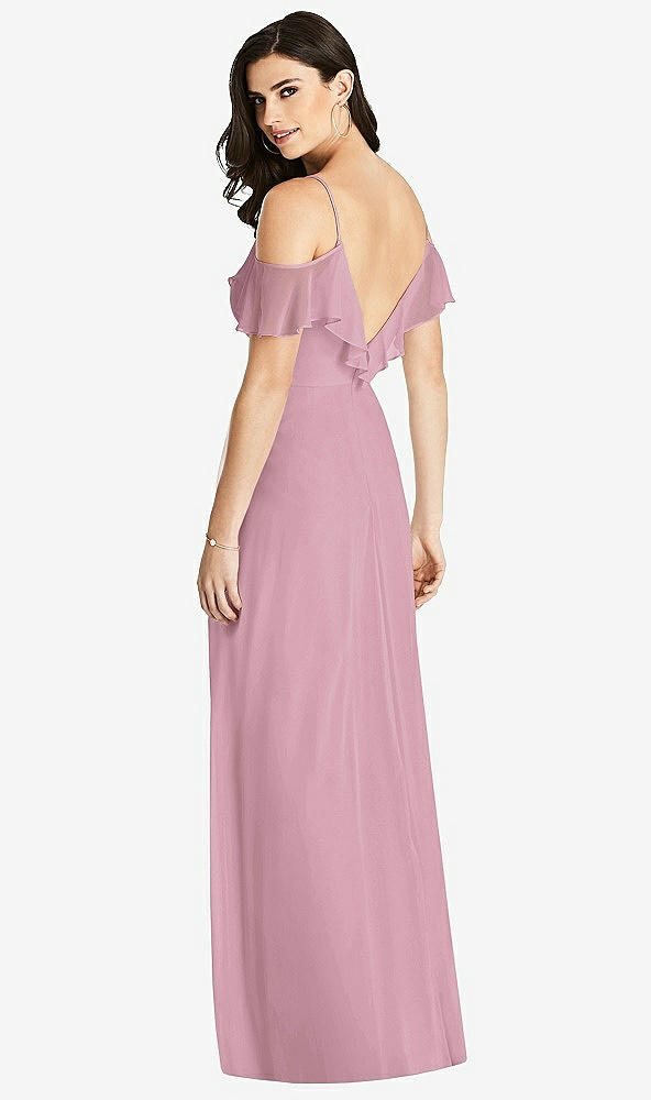 Back View - Dusty Pink Ruffled Cold-Shoulder Chiffon Maxi Dress