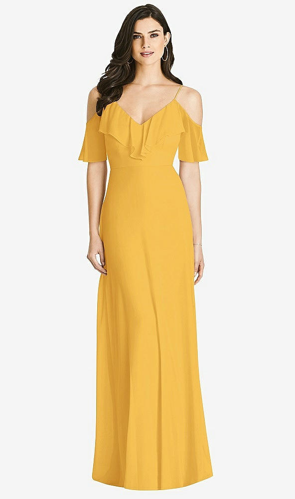 Front View - NYC Yellow Ruffled Cold-Shoulder Chiffon Maxi Dress