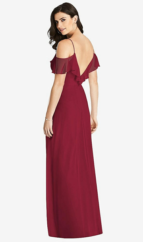 Back View - Burgundy Ruffled Cold-Shoulder Chiffon Maxi Dress