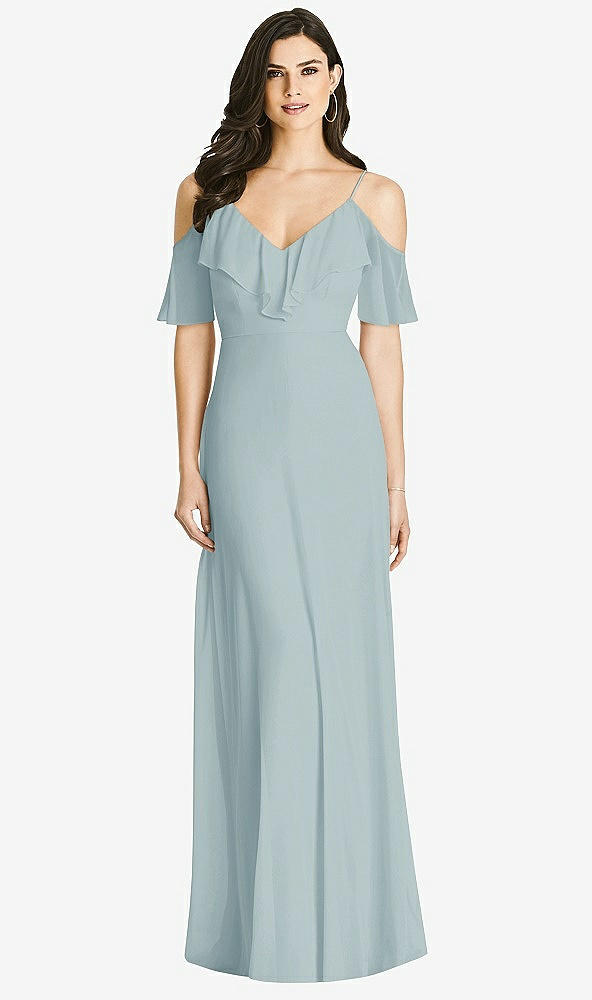 Front View - Morning Sky Ruffled Cold-Shoulder Chiffon Maxi Dress