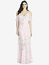 Front View Thumbnail - Watercolor Print Ruffled Cold-Shoulder Chiffon Maxi Dress