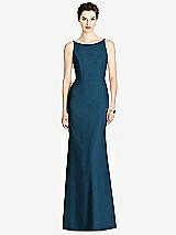 Rear View Thumbnail - Atlantic Blue Bateau-Neck Open Cowl-Back Trumpet Gown