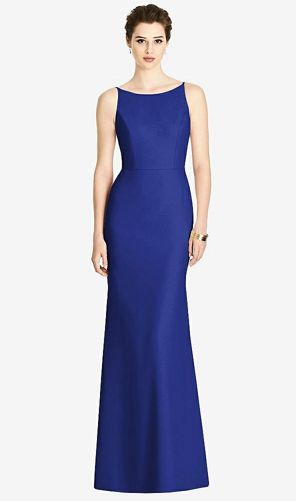 Back View - Cobalt Blue Bateau-Neck Open Cowl-Back Trumpet Gown