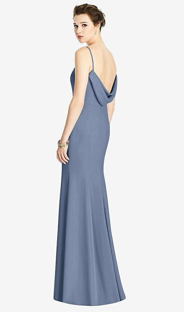 Front View - Larkspur Blue Bateau-Neck Open Cowl-Back Trumpet Gown