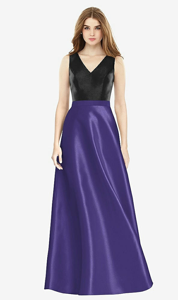Front View - Grape & Black Sleeveless A-Line Satin Dress with Pockets