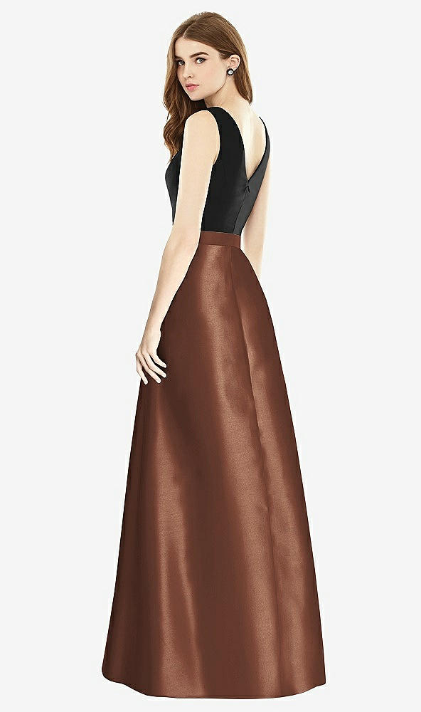 Back View - Cognac & Black Sleeveless A-Line Satin Dress with Pockets