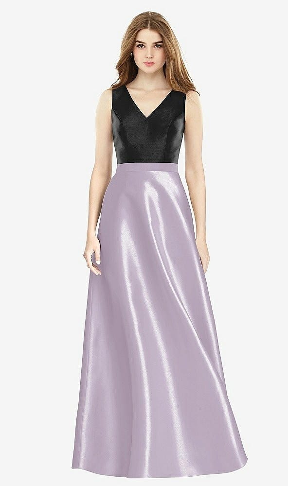Front View - Lilac Haze & Black Sleeveless A-Line Satin Dress with Pockets