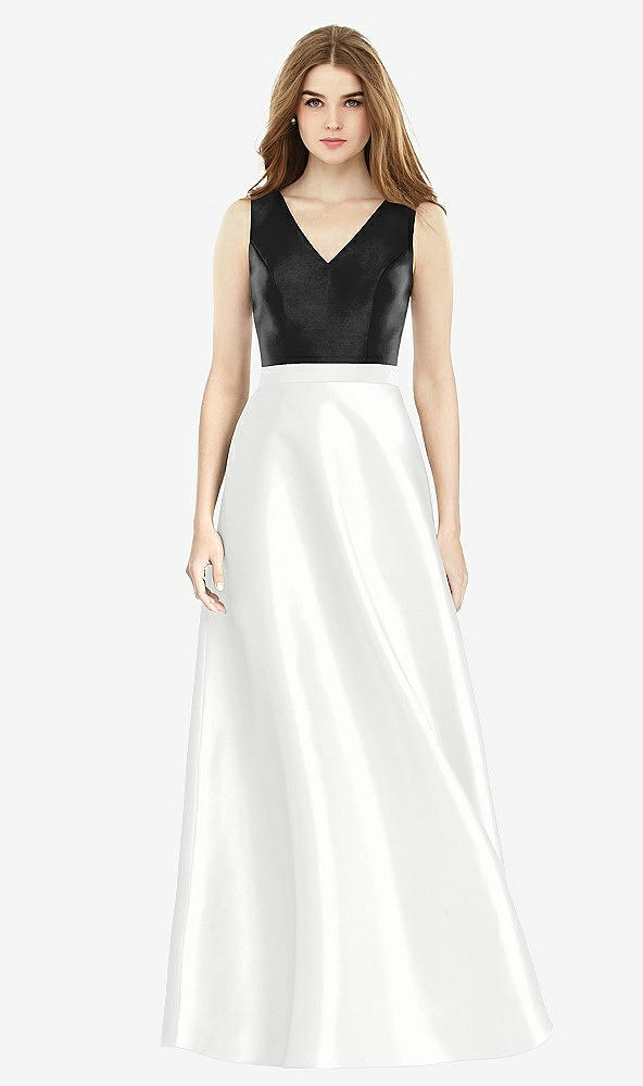 Front View - White & Black Sleeveless A-Line Satin Dress with Pockets