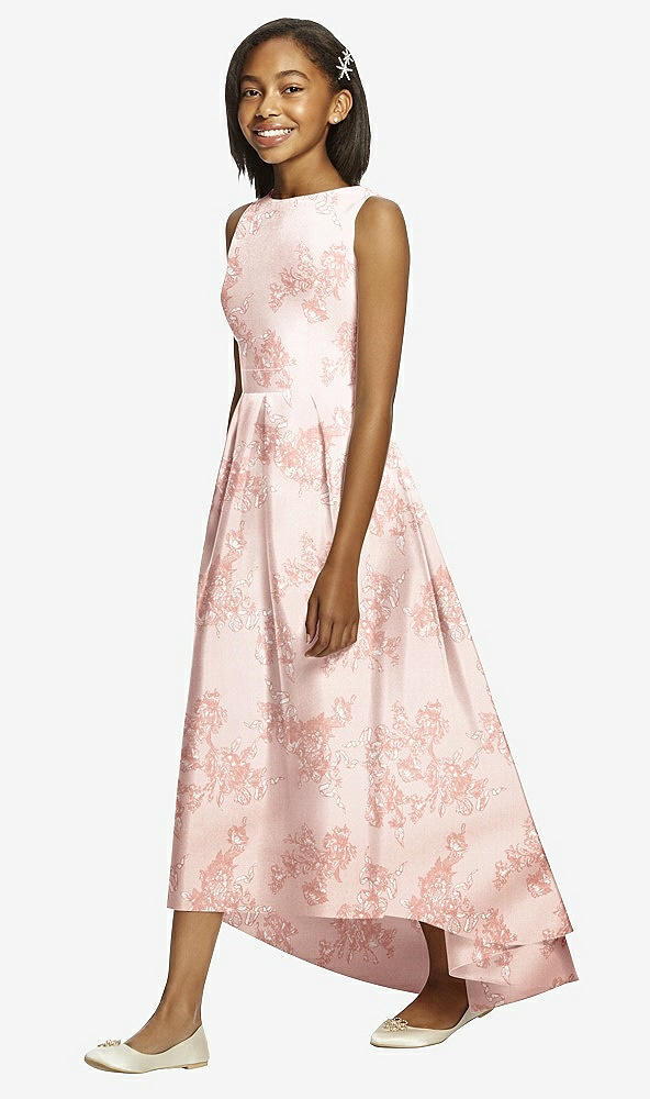 Front View - Bow And Blossom Print Floral Bateau Neck High-Low Junior Bridesmaid Dress with Pockets
