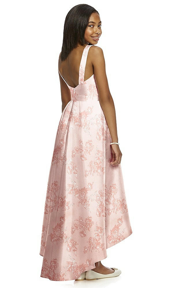 Back View - Bow And Blossom Print Floral Bateau Neck High-Low Junior Bridesmaid Dress with Pockets