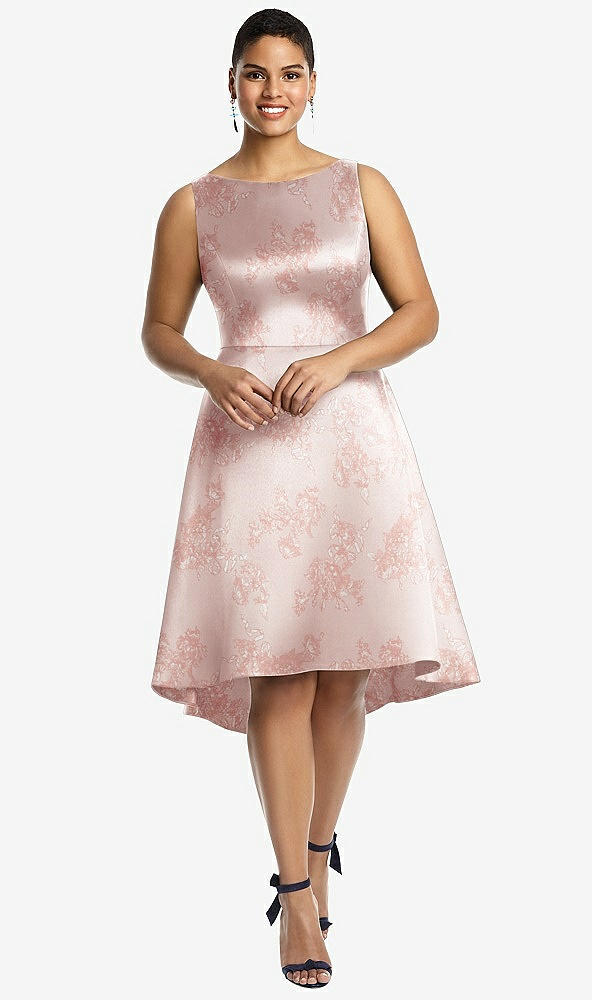 Front View - Bow And Blossom Print Bateau Neck High Low Floral Satin Cocktail Dress