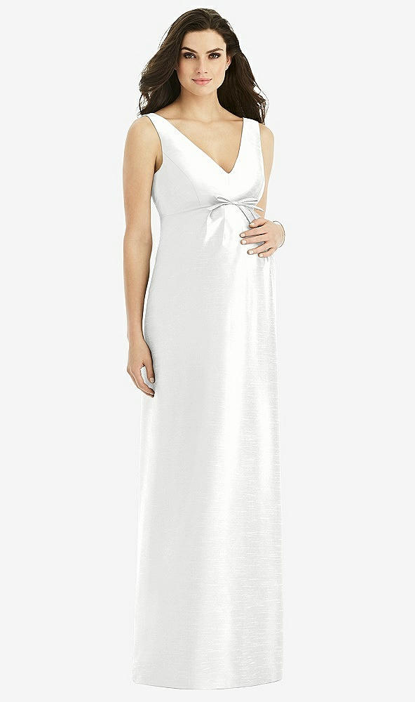 Front View - White Sleeveless Satin Twill Maternity Dress