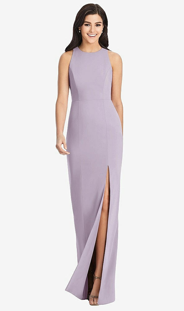 Front View - Lilac Haze Diamond Cutout Back Trumpet Gown with Front Slit