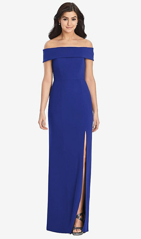Front View - Cobalt Blue Cuffed Off-the-Shoulder Trumpet Gown