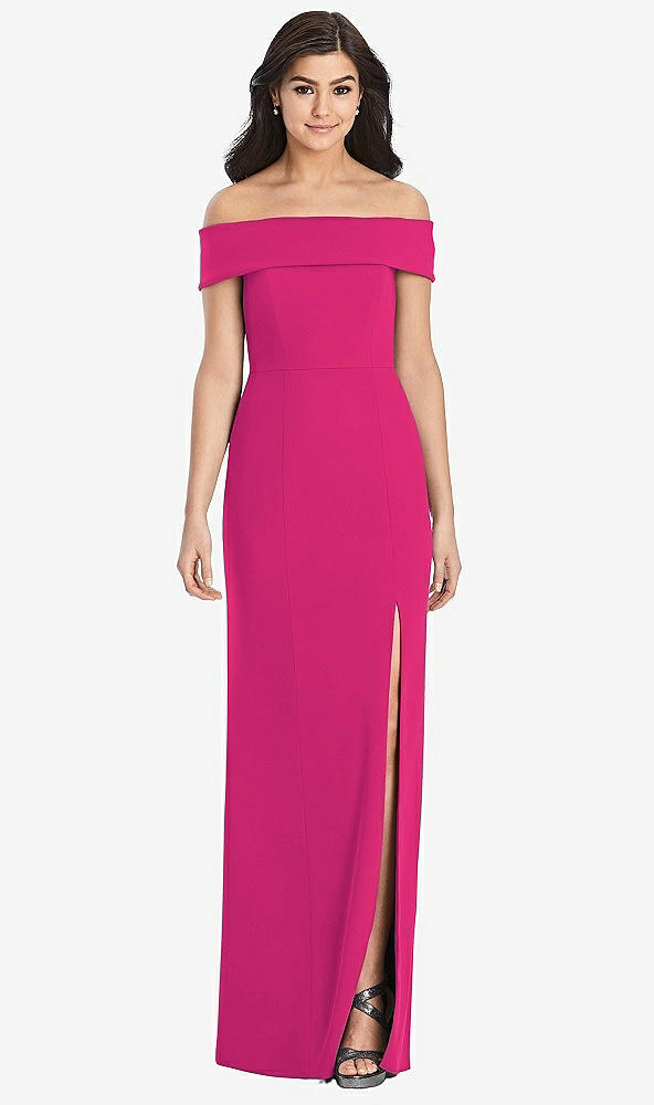 Front View - Think Pink Cuffed Off-the-Shoulder Trumpet Gown