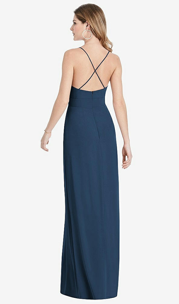 Back View - Sofia Blue Pleated Skirt Crepe Maxi Dress with Pockets