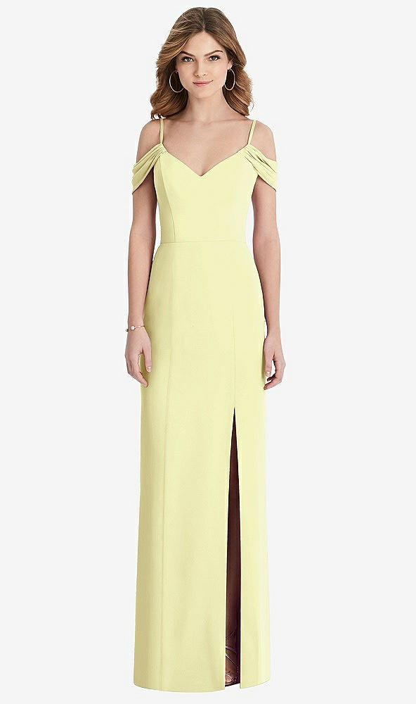 Front View - Butter Yellow Off-the-Shoulder Chiffon Trumpet Gown with Front Slit