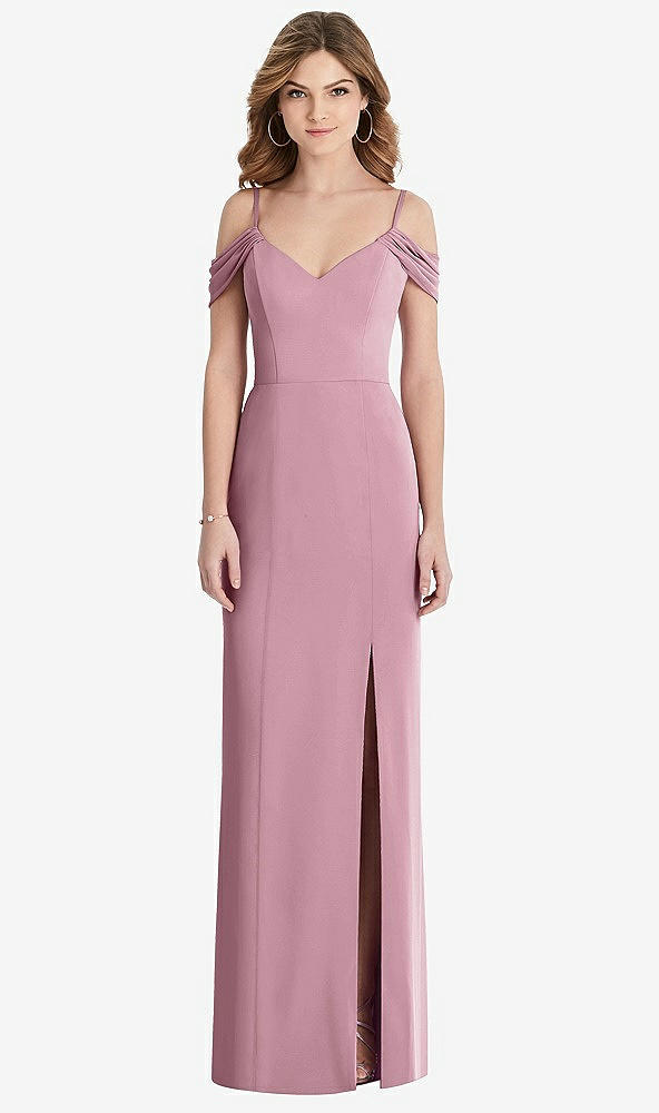 Front View - Dusty Pink Off-the-Shoulder Chiffon Trumpet Gown with Front Slit