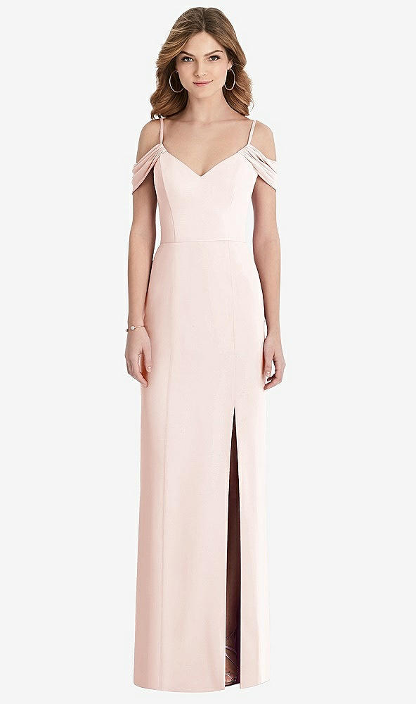 Front View - Blush Off-the-Shoulder Chiffon Trumpet Gown with Front Slit