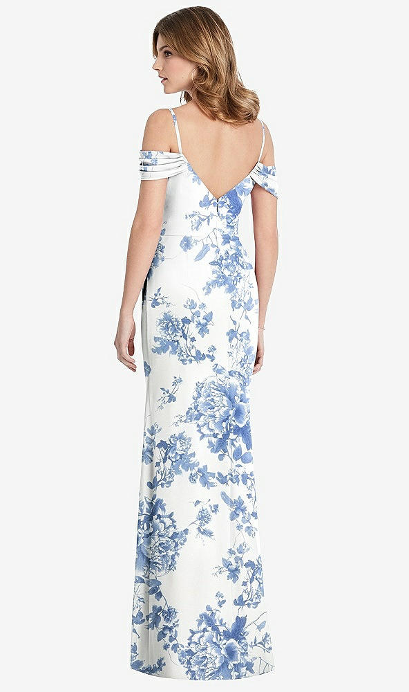 Back View - Cottage Rose Dusk Blue Off-the-Shoulder Chiffon Trumpet Gown with Front Slit