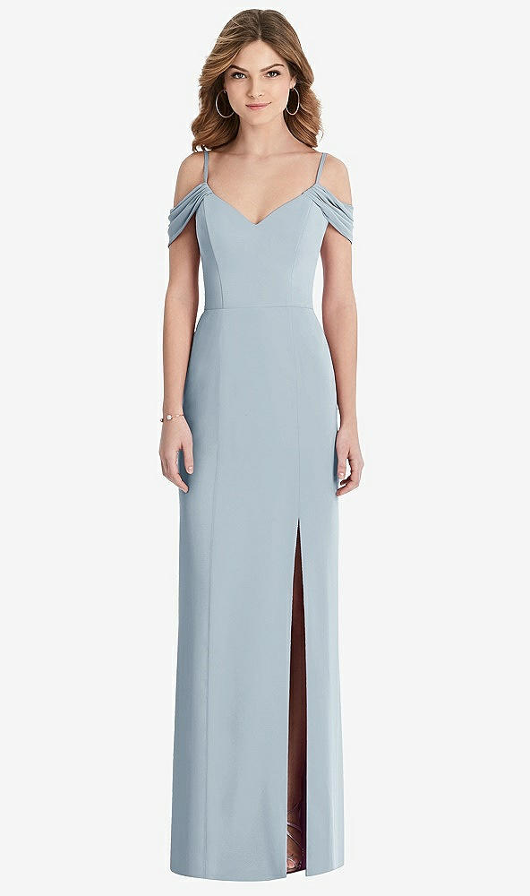 Front View - Mist Off-the-Shoulder Chiffon Trumpet Gown with Front Slit