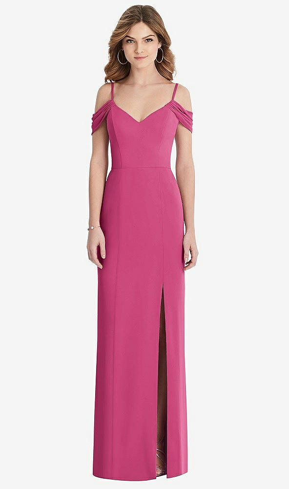 Front View - Tea Rose Off-the-Shoulder Chiffon Trumpet Gown with Front Slit