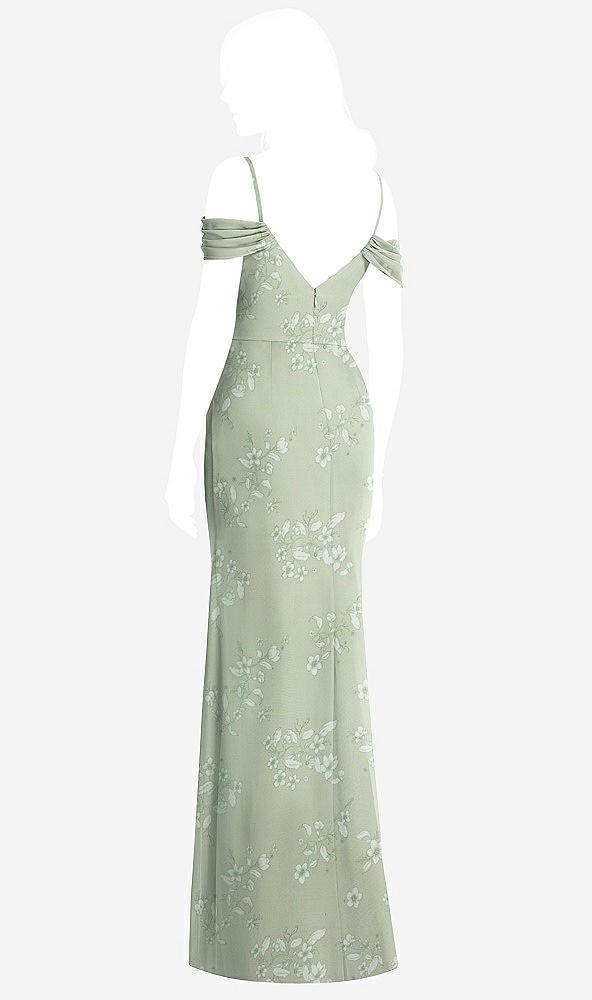 Back View - Vintage Primrose Sage Off-the-Shoulder Chiffon Trumpet Gown with Front Slit