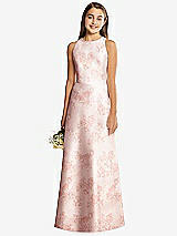 Front View Thumbnail - Bow And Blossom Print Floral Sleeveless Open-Back Satin Junior Bridesmaid Dress